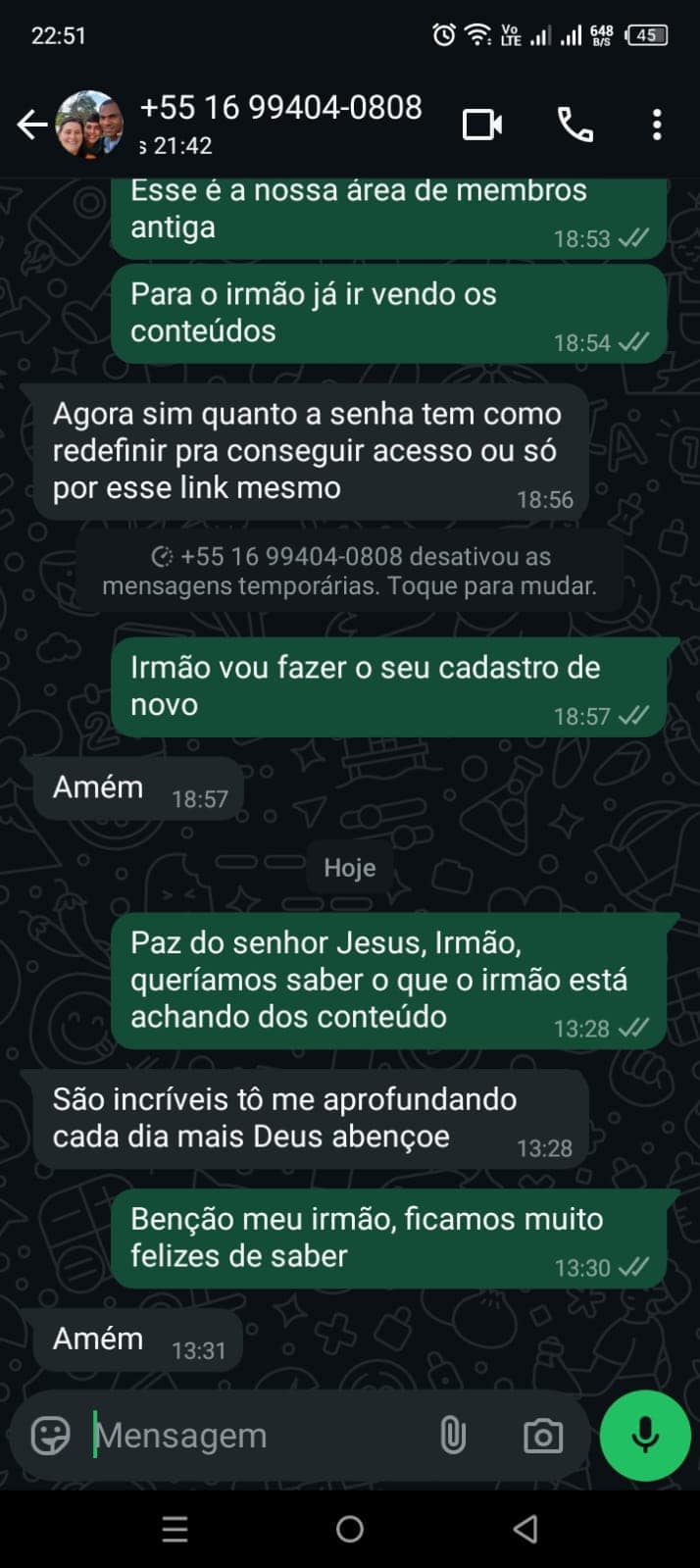 Cliente elogiando o conteúdo